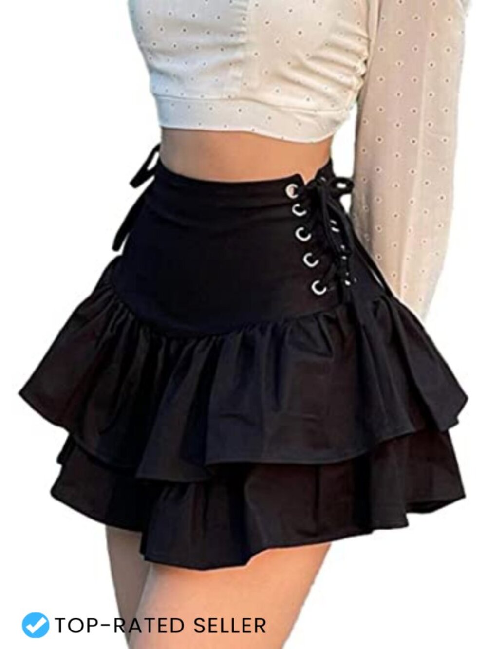 Womens Gothic Layered Ruffles Mini Skirt Lace Up High Waisted Y2K Alt